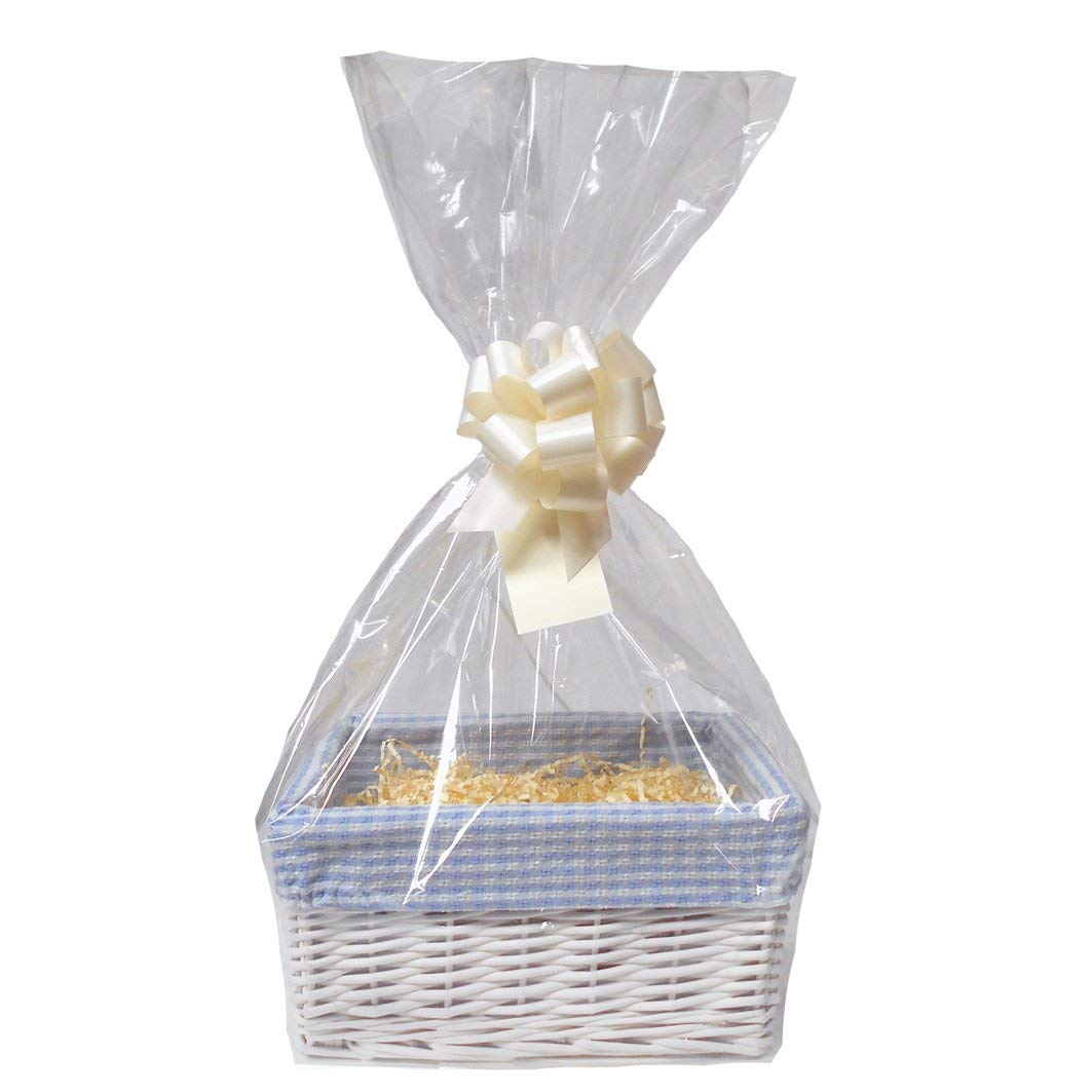 WHITE Wicker Storage Basket with BLUE GINGHAM Lining & Cream Gift Accessory Kit - 30x22x15cm