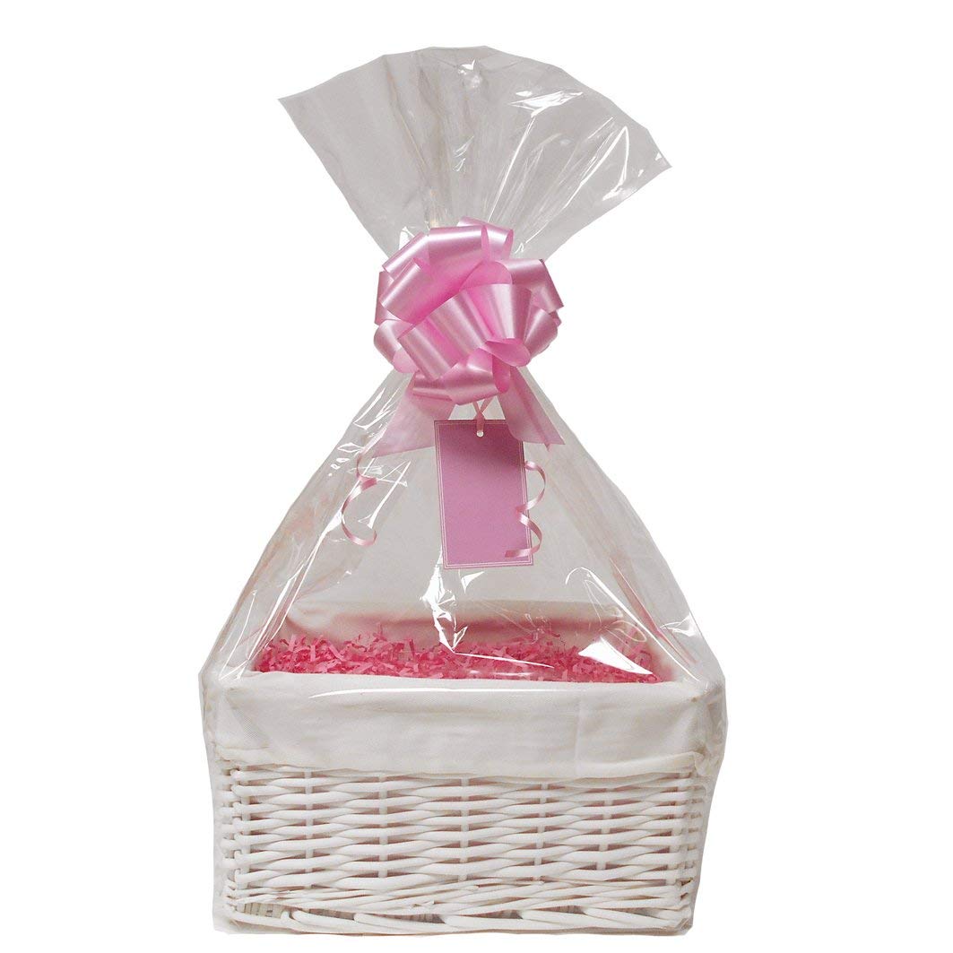 WHITE Wicker Storage Basket with CREAM Lining & PINK Gift Accessory Kit - 30x22x15cm