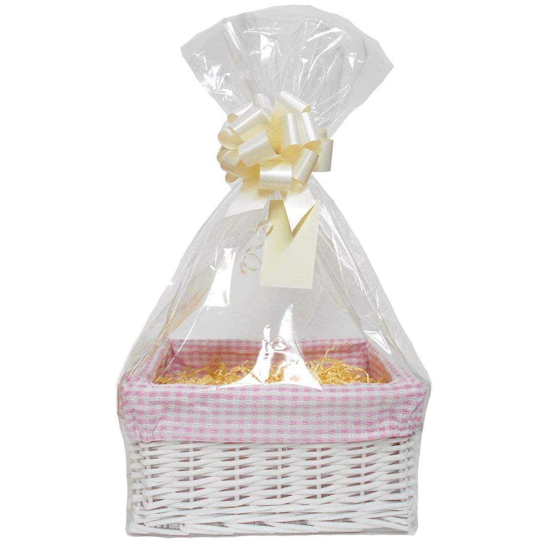 WHITE Wicker Storage Basket with PINK GINGHAM Lining & Cream Gift Accessory Kit- 30x22x15cm