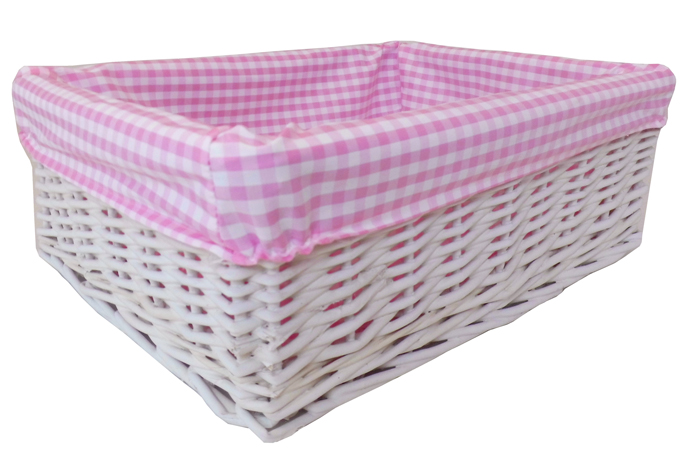 WHITE Wicker Storage Basket PINK GINGHAM Lining - 41x31x15cm high