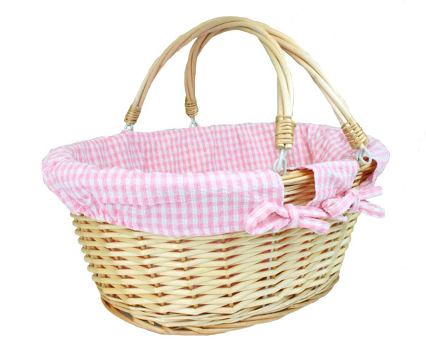 Wicker Shopper Basket with Handles and Pink Gingham Lining 41cm