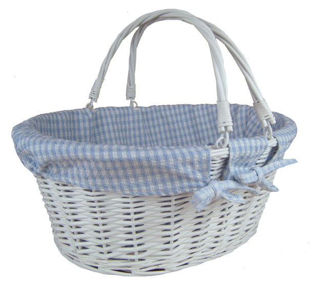 White Wicker Shopping Basket & Blue Gingham Lining 41cm