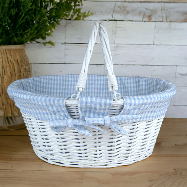 White Wicker Shopping Basket with Folding Handles and Blue Gingham Lining- 41cm
