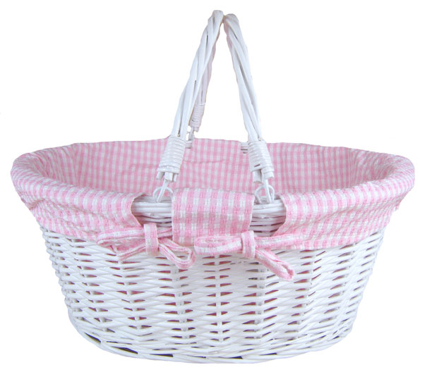 White Wicker Shopping Basket& Pink Gingham Lining 41cm
