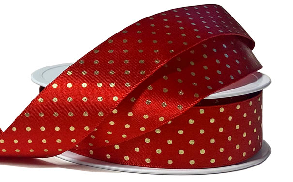 Shimmer Spot Eco Satin Ribbon - 25mm x 20m - RED / GOLD