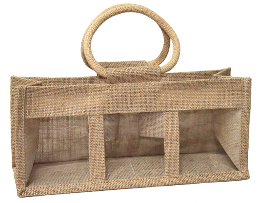 3 JAR JUTE BAG with Window, Partition and Cotton Corded Handles - 24x10x14cm high - NATURAL