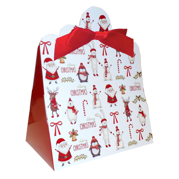 10 x Triangle Gift Box with Mini Bows - (Large) CHRISTMAS CHARACTER/RED BOWS