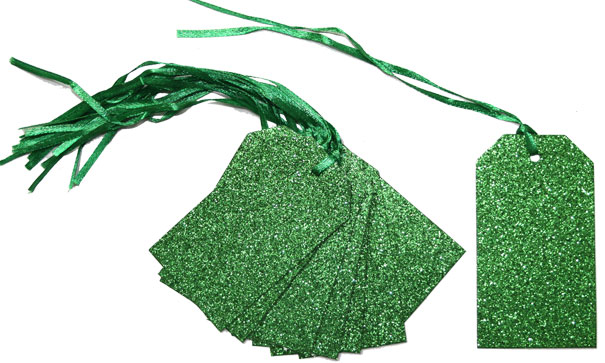 Pack 10 Gift Tags with Ribbon Ties - GLITTER GREEN