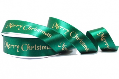 Double Faced Satin Ribbon - 25mm x 20m - MERRY CHRISTMAS GREEN