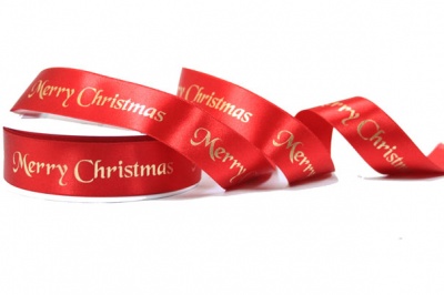 Double Faced Satin Ribbon - 25mm x 20m - MERRY CHRISTMAS RED